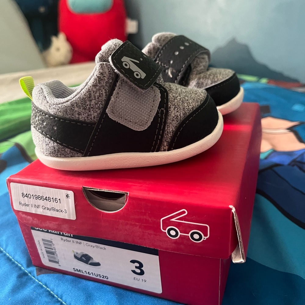 See Kai Run Gray and Black Baby Walker Shoes with Velcro Straps